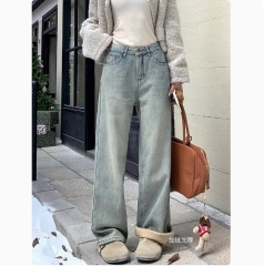 Velvet thickened wide-leg jeans for women in winter loose straight-leg autumn and winter new cotton pants for small people