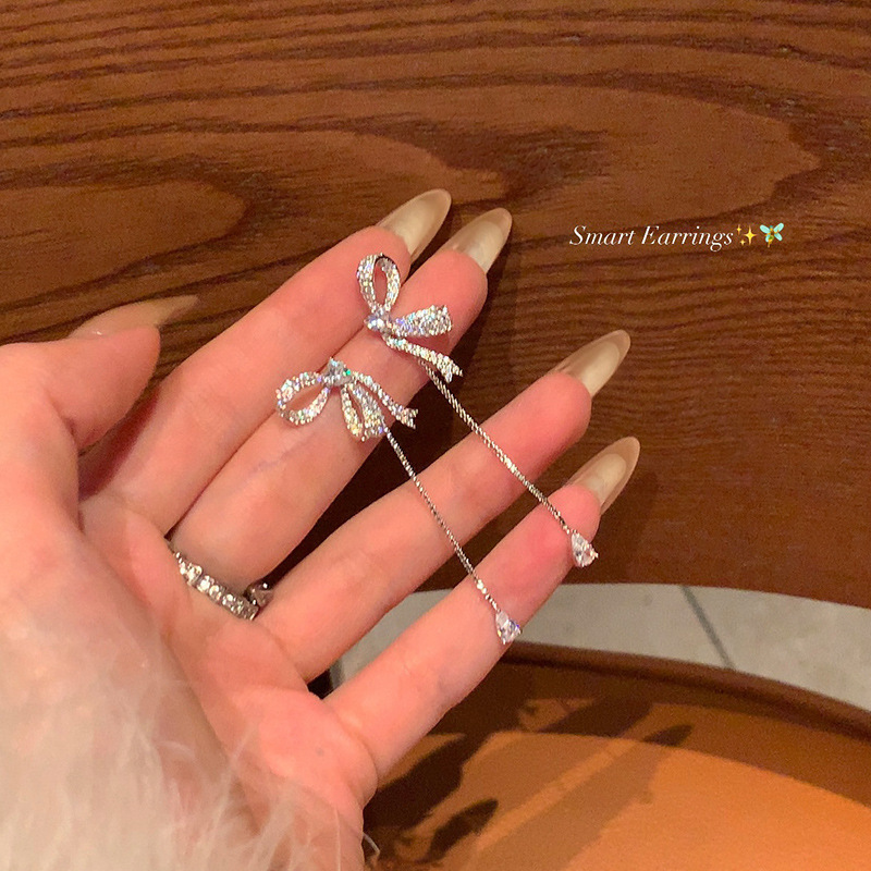 Bow water drop tassel earrings S925 silver needle micro inlaid zircon temperament women's popular style unique earrings earrings
