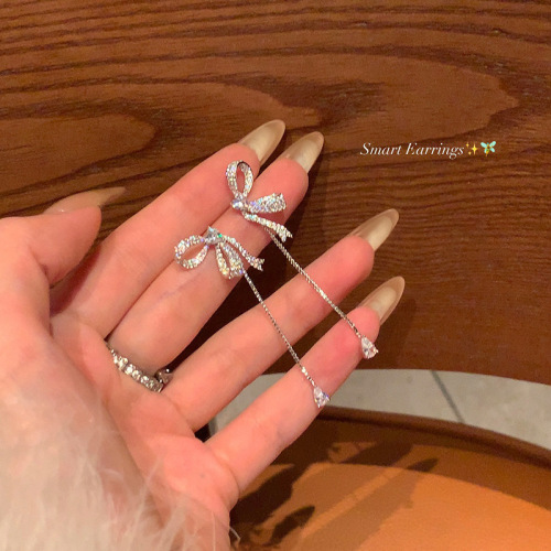 Bow water drop tassel earrings S925 silver needle micro inlaid zircon temperament women's popular style unique earrings earrings