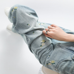 New Chinese style floral embroidery national style jeans for women new high waist slimming loose wide leg pants