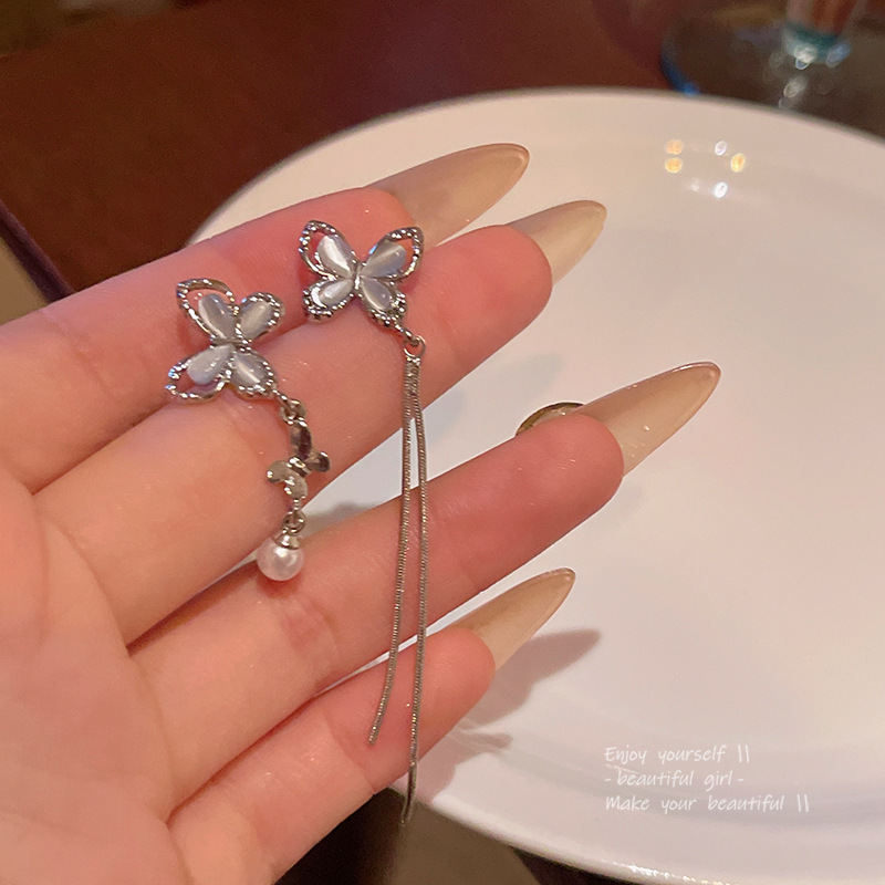 S925 Silver Needle Asymmetric Long Tassel Earrings for Women Cat's Eye Butterfly Earrings Versatile Temperament Pearl Earrings