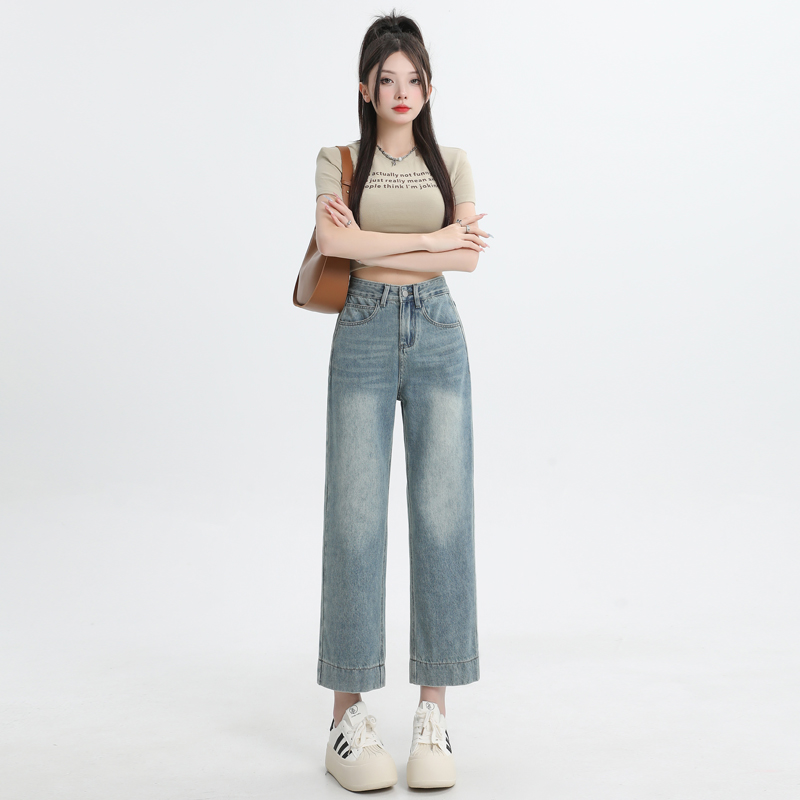 Light blue high-waisted straight-leg jeans for women, new slim, loose and drapey wide-leg pants, thin style