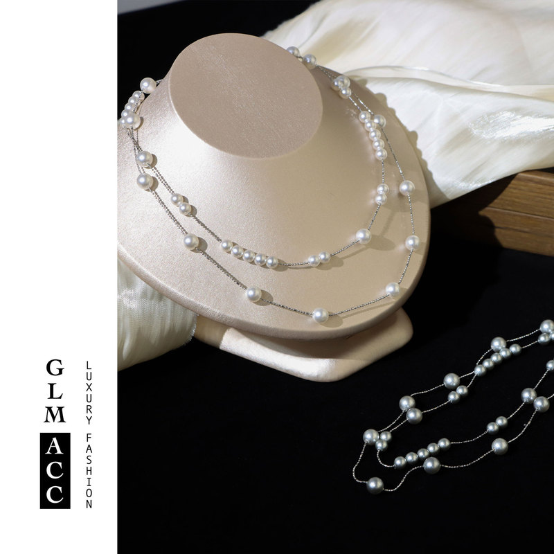 Cold style silver gray pearls full of gypsophila Shijia pearl stacked necklace long design sense copper plated platinum chain body