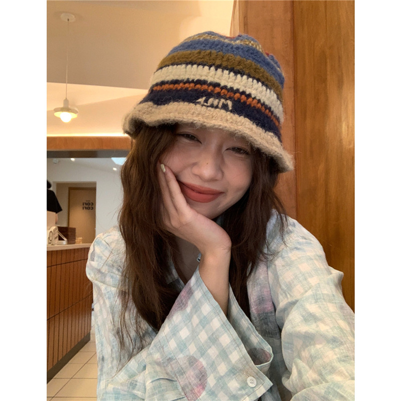 The color is perfect!  Handmade contrasting striped woolen fisherman hat for women in autumn and winter, small and versatile knitted basin hat that shows face