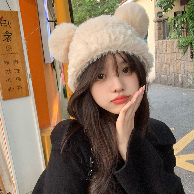 Korean sweet and cute bear plush knitted hat for women in autumn and winter, thickened and warm, face-showing small bag head woolen hat