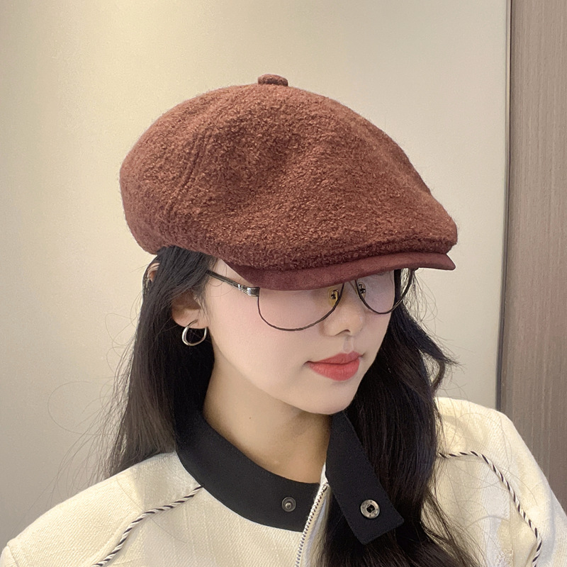 Ancora red plush forward hat women's autumn and winter retro newsboy hat versatile peaked cap big head beret