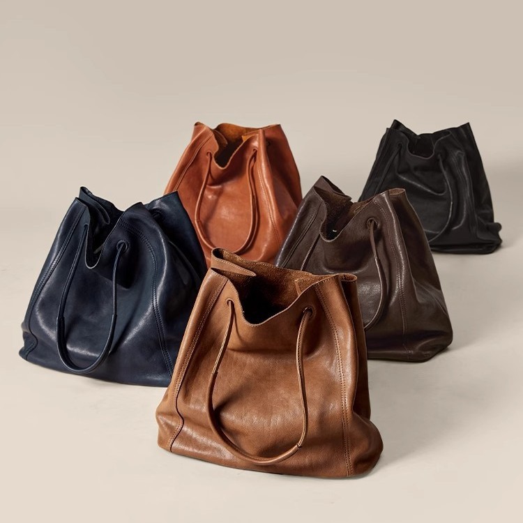 Tote bag bucket bag women's cross-body commuting large capacity retro niche vegetable tanned cowhide bag
