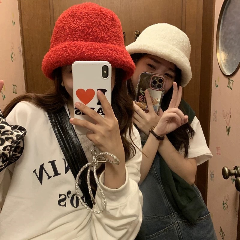 Winter lamb velvet dome fisherman hat ins thickened ear protection Northeast cold basin hat Korean cute bucket hat