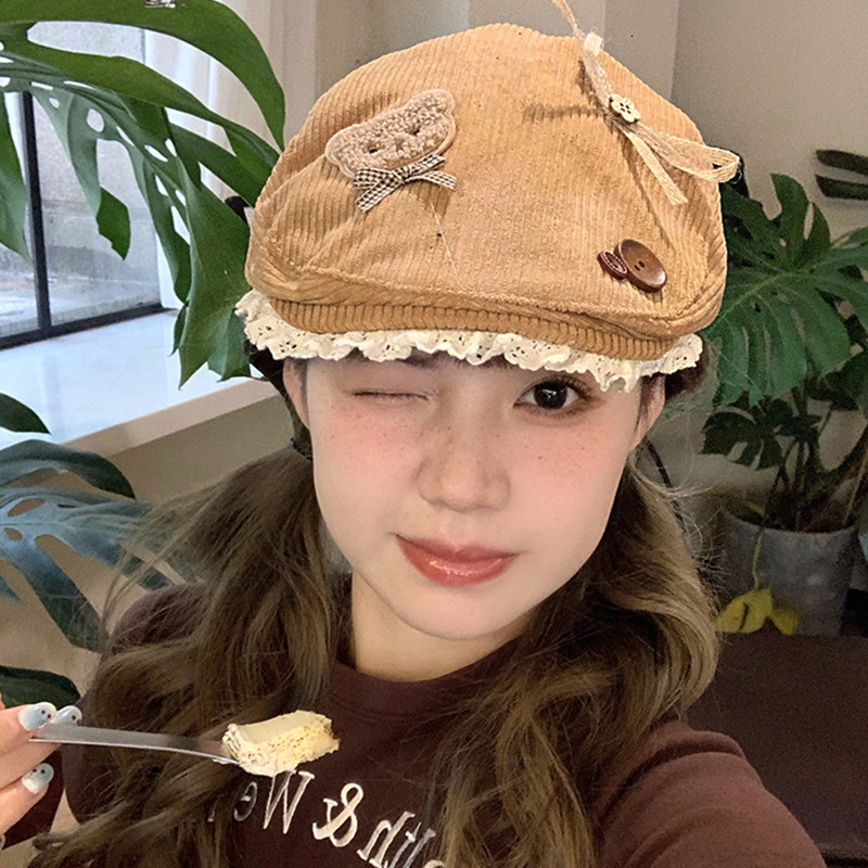 Corduroy lace bow cartoon puppy coffee color forward hat for women with big head circumference and backward wearing hot girl beret hat fashion