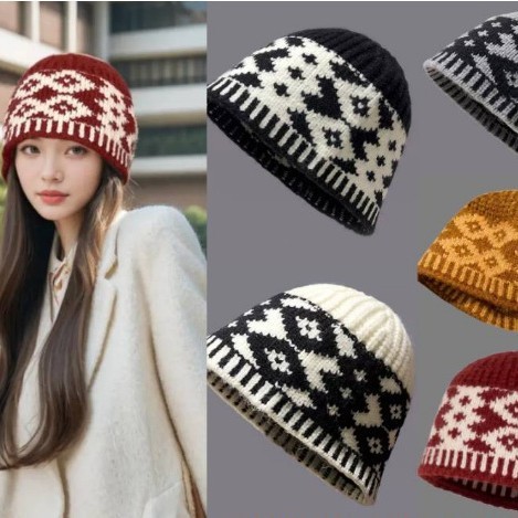 Korean new niche design color-blocked rhombus knitted fisherman hat for women in autumn and winter woolen hat warm hat