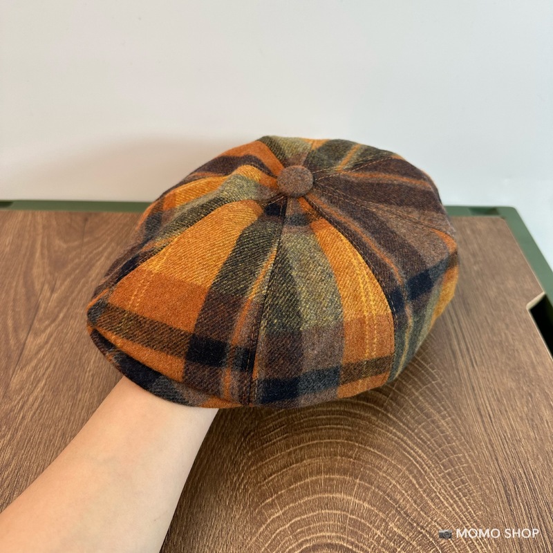 British retro contrasting plaid newsboy hat for women in autumn and winter, warm temperament peaked hat, Internet celebrity trendy woolen octagonal hat