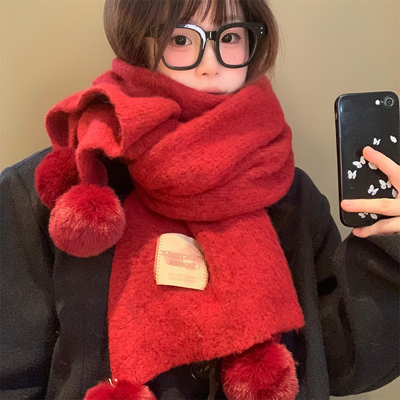 2024 Autumn and Winter Red Fur Ball Knitted Scarf Women's Korean Atmosphere Cute Thickened Warm Christmas Scarf