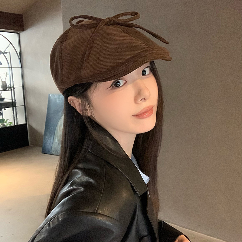 2024 new designer style bow red corduroy forward hat women's autumn and winter face-showing small short-brimmed beret