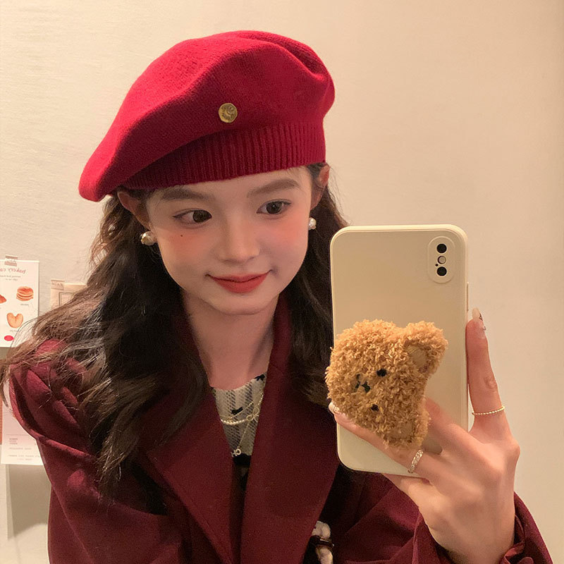 Anchor red knitted beret women's autumn and winter style big head circumference small painter's hat