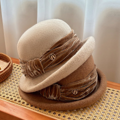 French retro velvet webbing half-edged wool hat with elegant temperament and fisherman hat basin hat for women to keep warm in autumn and winter