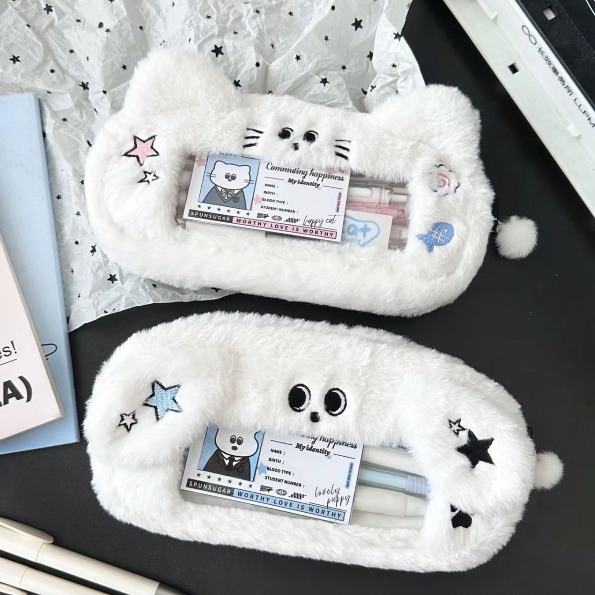 Xiaohongshu's same style plush blue puppy pencil bag student's good-looking large-capacity window stationery storage bag