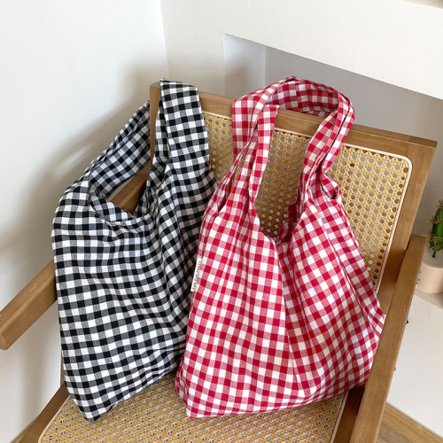Wholesale Korean style retro plaid vest bag large capacity shoulder bag lightweight shopping bag versatile canvas bag for female students