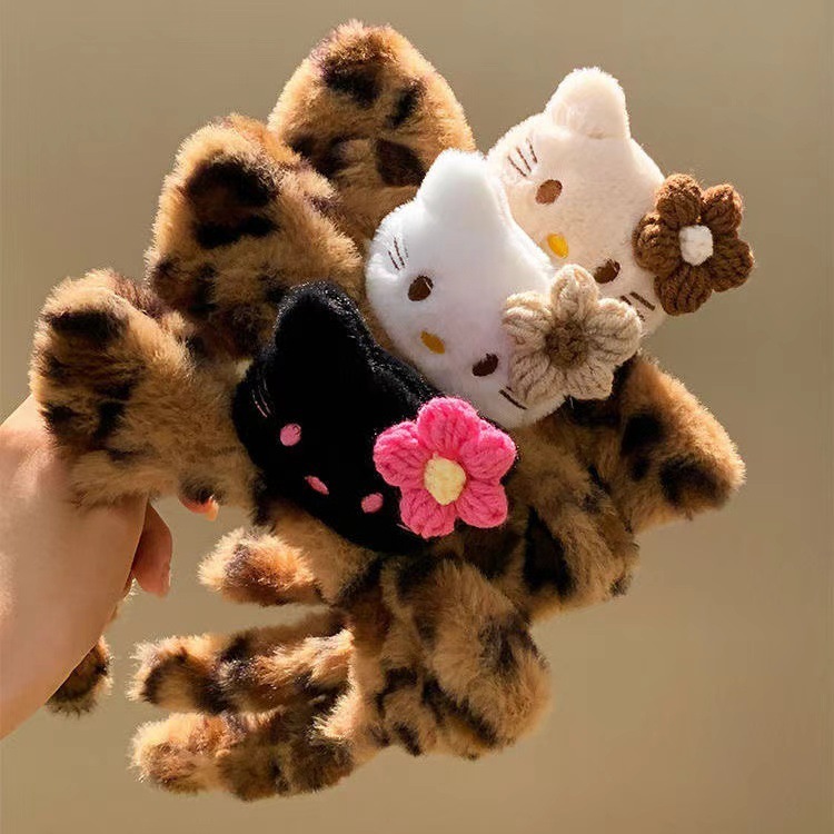 Cute leopard print cat plush headband for home girl face wash headband makeup mask hairpin hair accessories