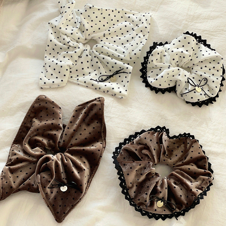 Black and white polka dot velvet bow square scarf large intestine hair ring gentle wind lace fat intestine flower hair rope headband