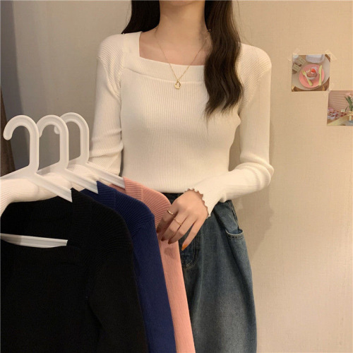 Square collar bottoming shirt for women to wear with fashionable hot girls, basic knitted sweater tops, long-sleeved sweaters for autumn and winter