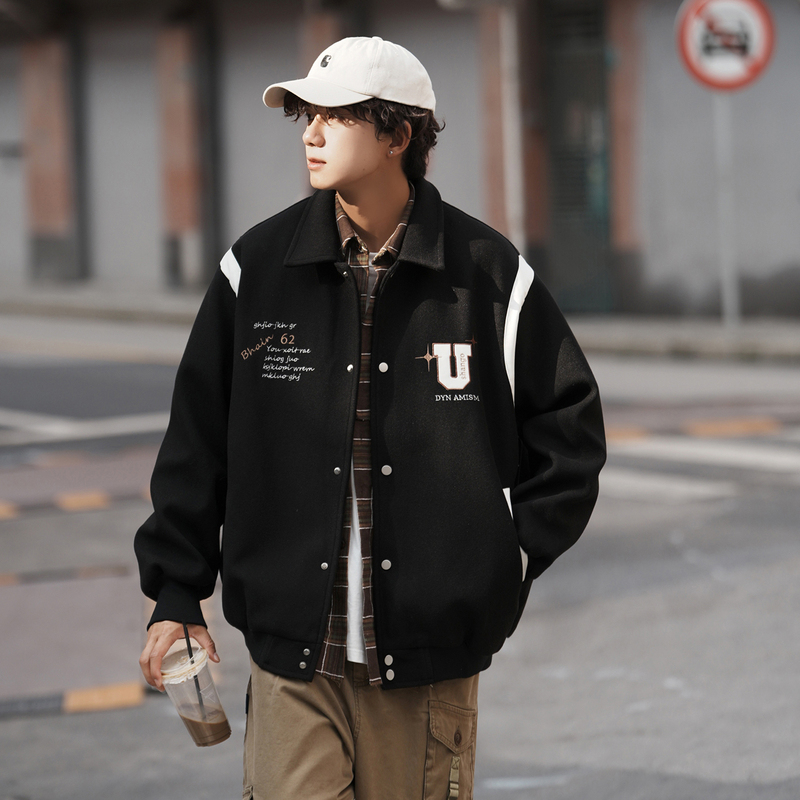 Hong Kong Style American Woolen Motorcycle Baseball Jacket Loose Men's Jacket