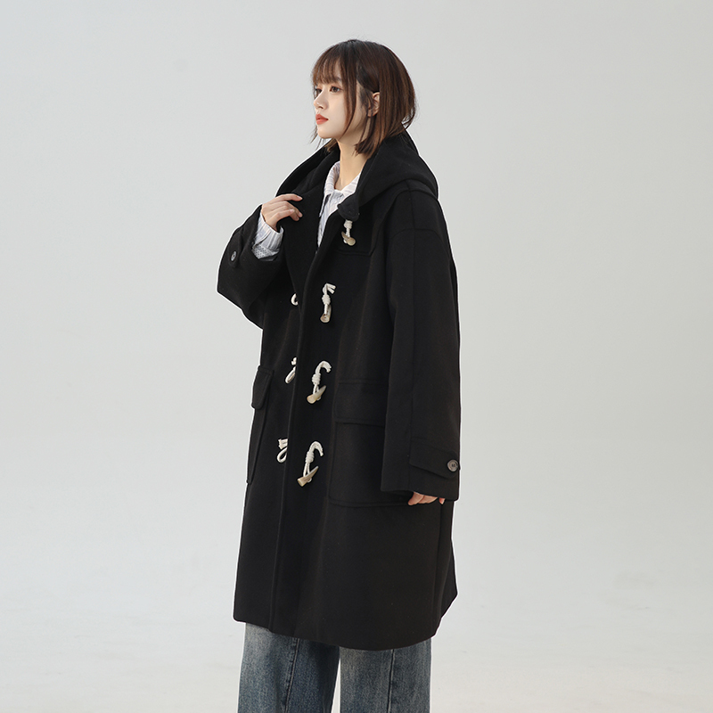 Unisex style Albaka two-color autumn and winter men's and women's horn button hooded mid-length woolen coat jacket