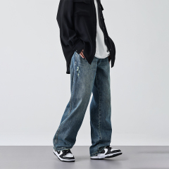 Autumn and winter narrow wide leg loose straight blue jeans for men