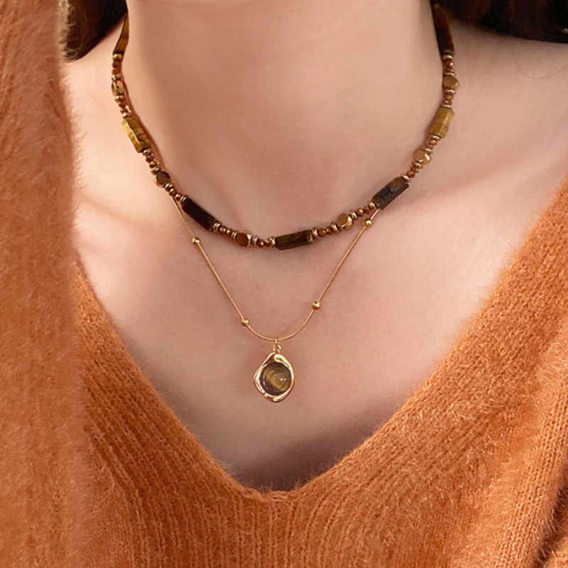 Retro natural tiger eye stone beaded necklace Maillard color temperament stacked pendant necklace design sweater chain
