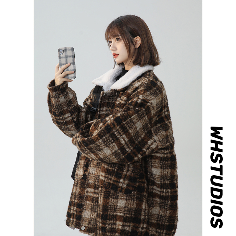 Neutral style winter woolen plaid coat lining lambswool loose thickened cotton coat