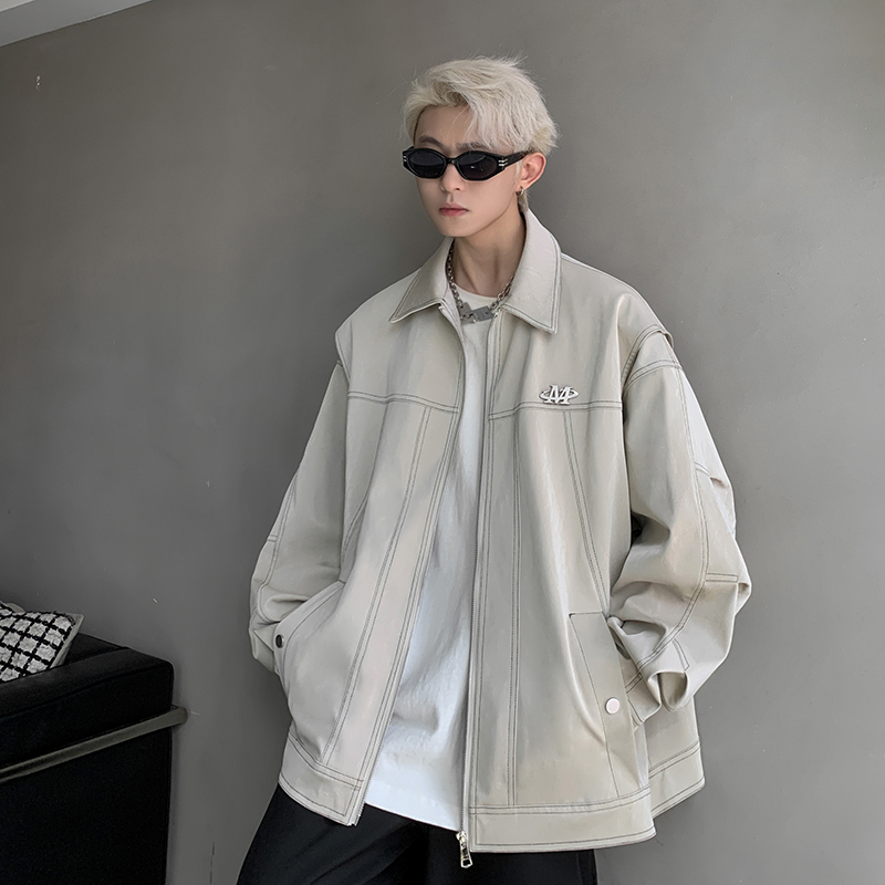 Hong Kong style American retro leather jacket men's trendy brand handsome jacket
