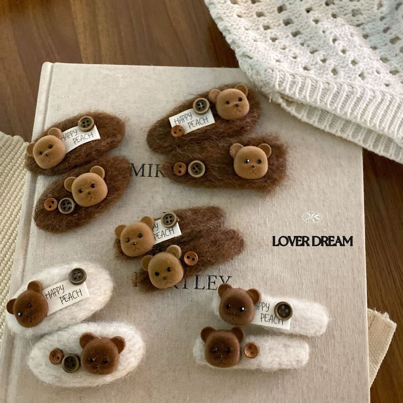 Korean ins new coffee color flocked bear button letter hairpin cute fashion bangs clip side clip hair accessories