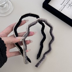 Pearl velvet wrapped wavy headband autumn and winter new Japanese and Korean simple temperament fashion high-end headband headwear for women