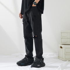 High street ripped jeans men's loose straight elastic casual nine-minute trousers