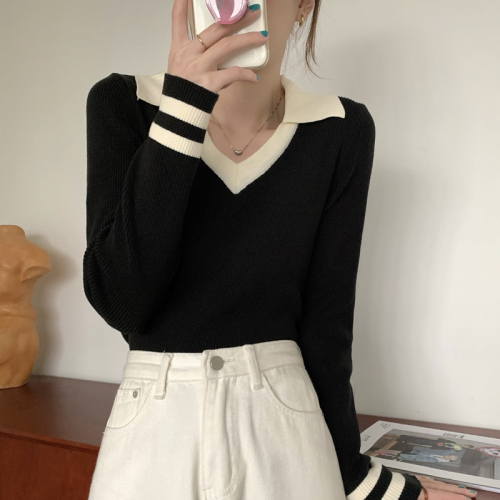 Slim-fitting inner long-sleeved sweater v-neck polo shirt sweater women's bottoming shirt