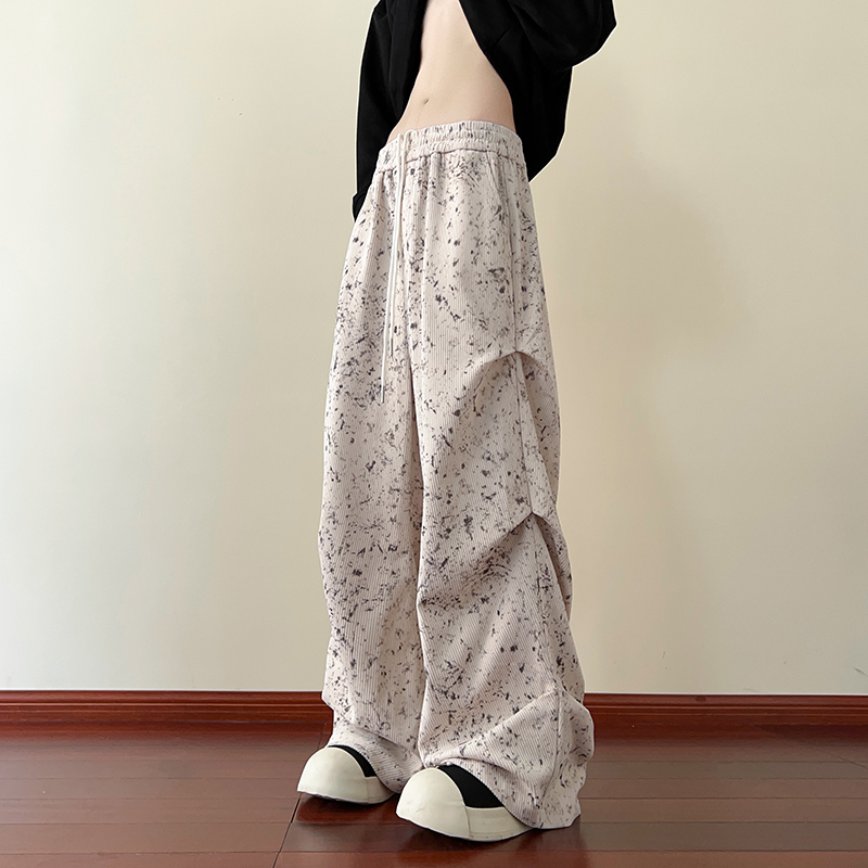 Hong Kong Style Autumn Men's American Tie Dye Casual Pants Loose Large Size Wide Leg Pants Corduroy Pants