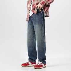 Dark blue washed jeans men's straight-leg loose American retro wide-leg casual long pants