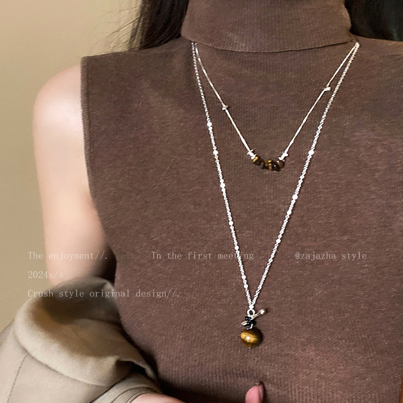 Maillard Tiger Eye Stone Stacked Necklace Women's Retro Light Luxury High-Level Sweater Chain Fashion Commuting Versatile Sweater Chain