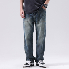 American high-end retro straight-leg jeans for men, loose trendy brand wide-leg pants