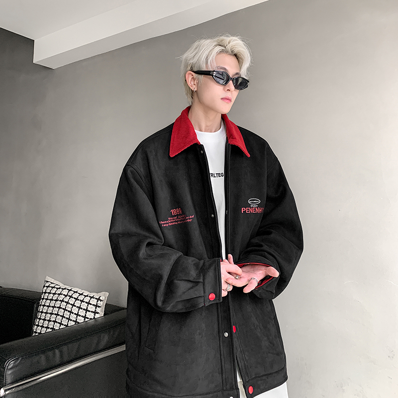 American retro letter print jacket men's trendy brand loose motorcycle jacket