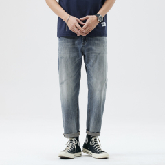 Zippered autumn American jeans men's ripped retro high street boys' loose straight wide-leg pants