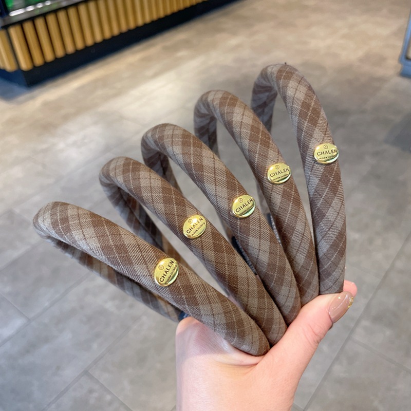 Casual small gold label narrow-edge plaid hair band headband, high-end, fashionable and versatile, face wash, hair press headband, hair hole hair accessory