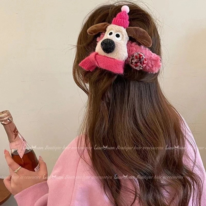 Cute cartoon plush puppy hair clip for women's half-tied hair clip on the back of the head, large duckbill clip hair clip, autumn and winter headwear