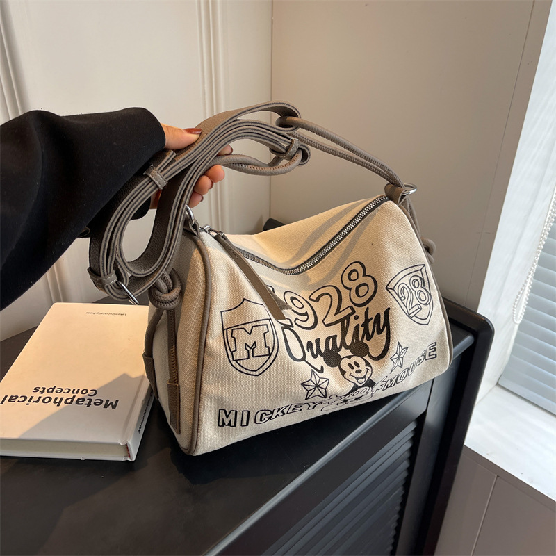 Large-capacity cartoon printed canvas bag women's bag summer new casual shoulder bag simple contrasting crossbody bag