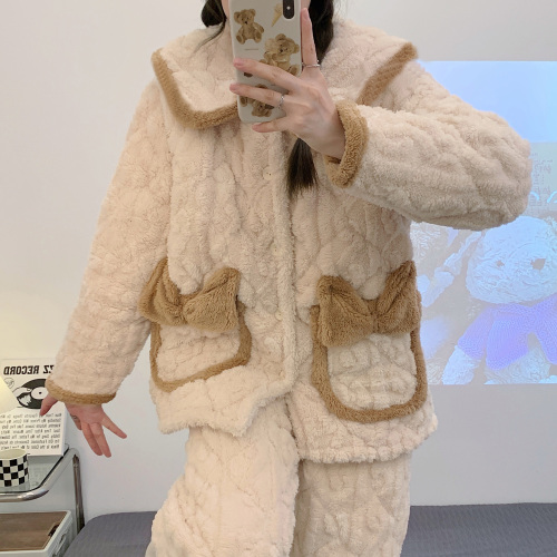 Pajamas for women winter three-layer quilted thickened plus velvet warm coral velvet zipper sweet can be worn outside home clothes set