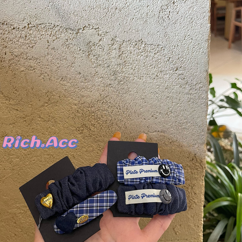 [Real shot] Great quality blue denim plaid love smile hair clip with sweet girly temperament and versatile side clip