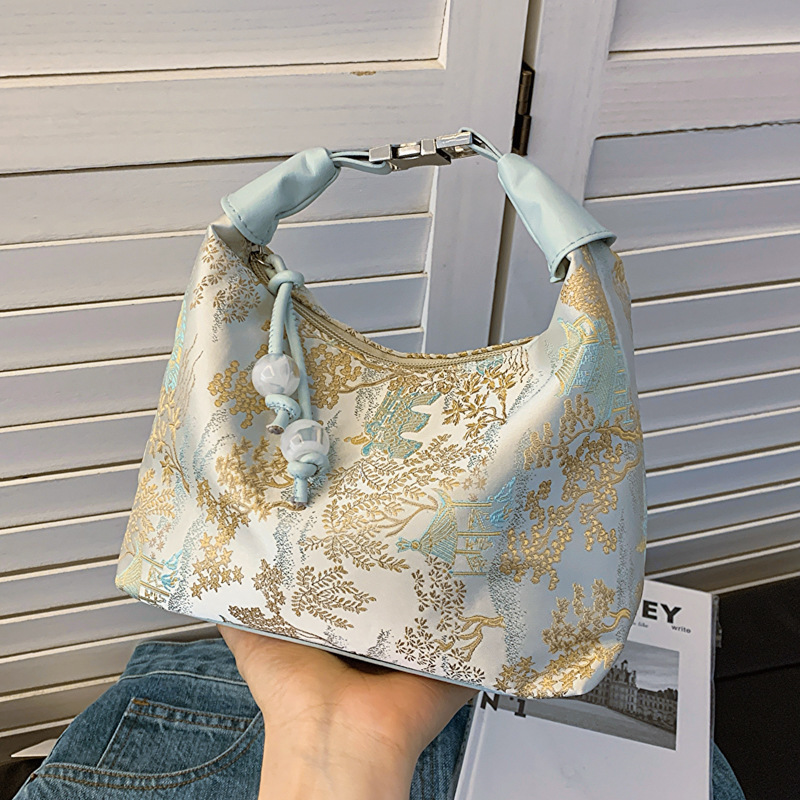 New Chinese style national style retro bag for women 2024 new silk jacquard handbag fashion simple shoulder crossbody bag