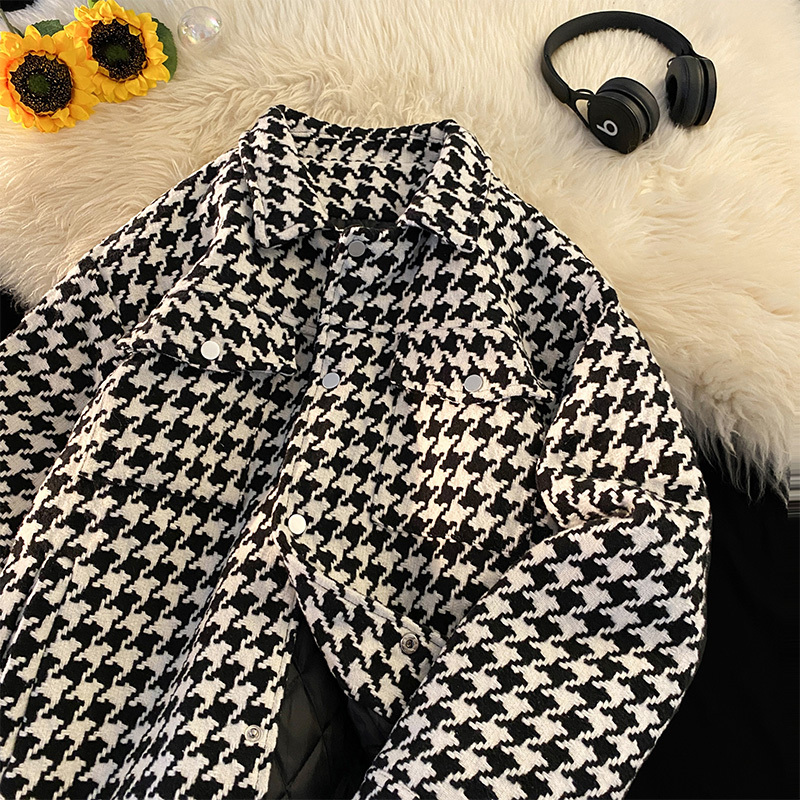 American houndstooth woolen coat for men in autumn and winter, thickened trendy brand loose small fragrant style jacket and cotton coat