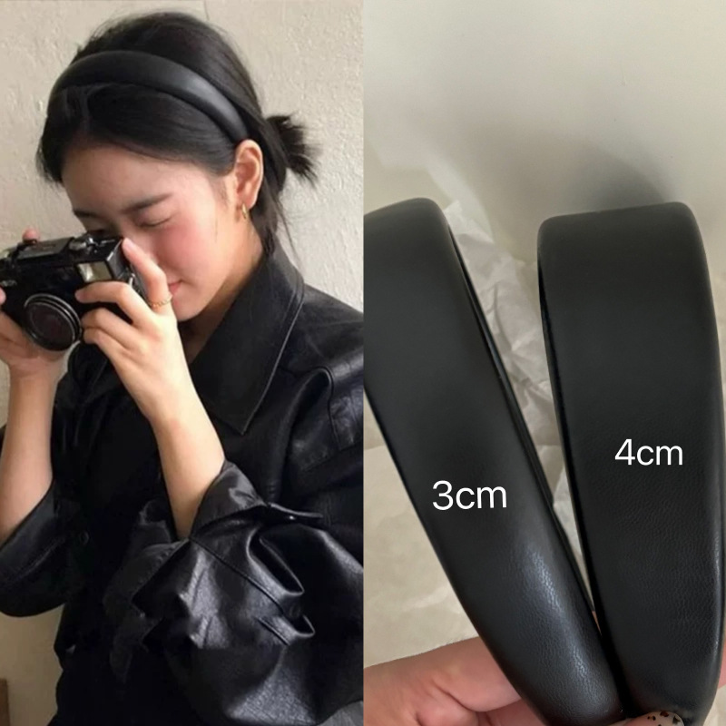 Korean INS blogger's same pure black PU leather headband, high skull hair accessory, face-showing, small thick headband, versatile pressure