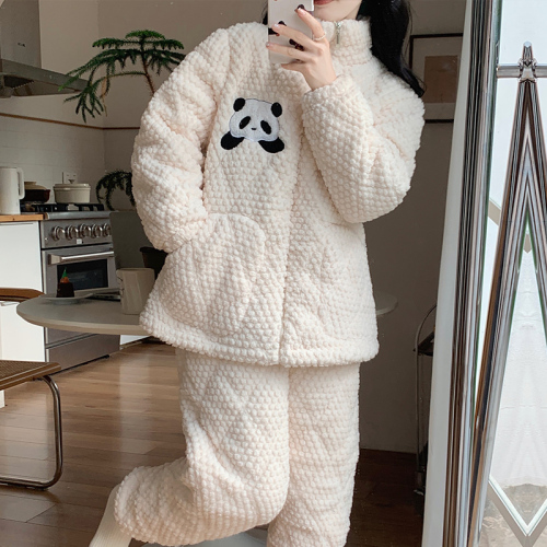 Pajamas for women winter three-layer quilted thickened plus velvet warm coral velvet zipper cartoon can be worn outside home clothes set