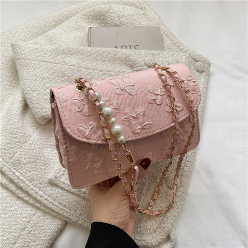 Summer new women's bag trendy fashion pearl handbag silk printed small square bag chain shoulder crossbody bag